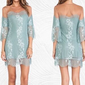 For Love & Lemons Belle Mini Fitted Mesh Lace Dress in Sage Medium